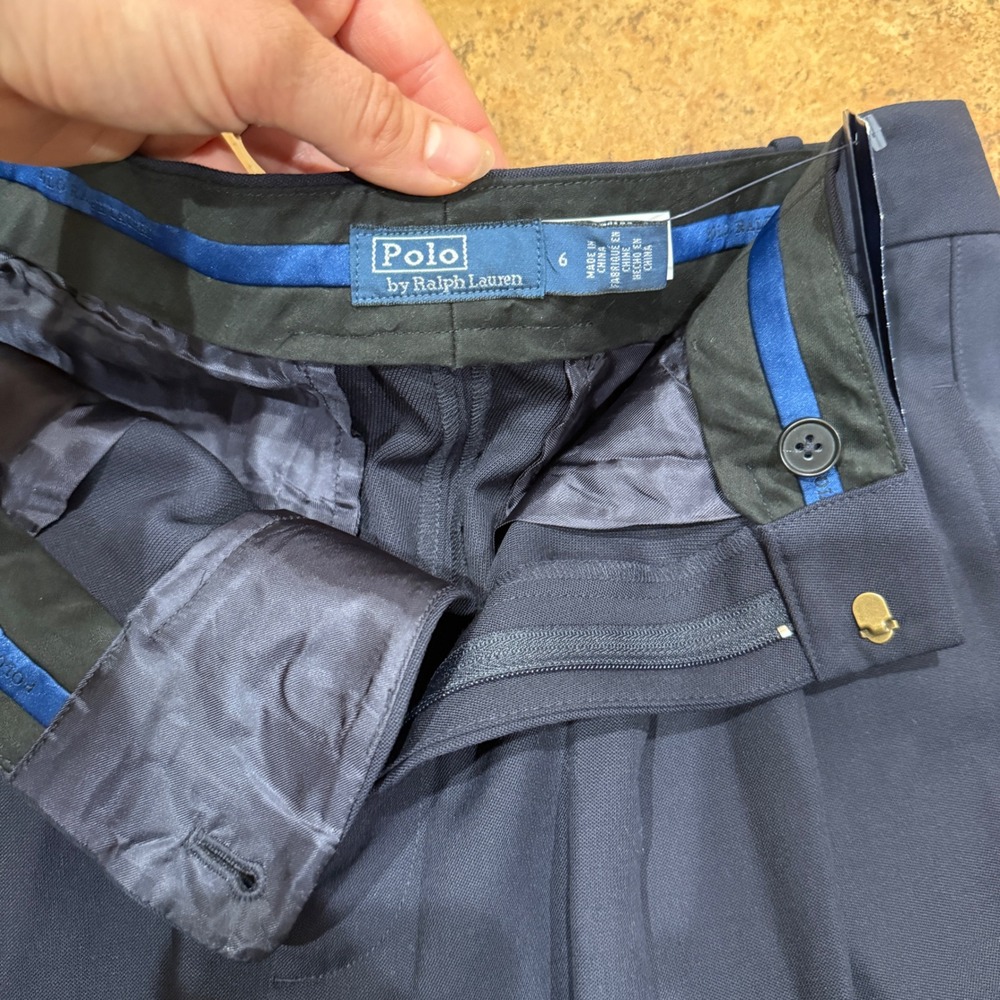 Polo Ralph Lauren Wool Silk Satin Trim Pleated Wide Leg Pants Navy Blue NWT 6 - Picture 3 of 12
